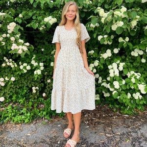 Yellow and white floral Polagram smocked midi